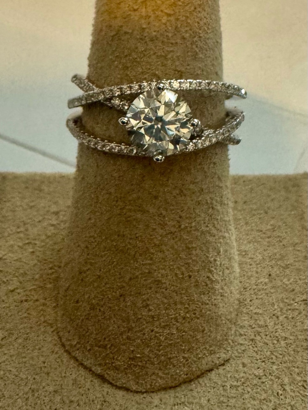 Moissanite Round Solitaire Ring in White Gold Tone with Pavé Double Band